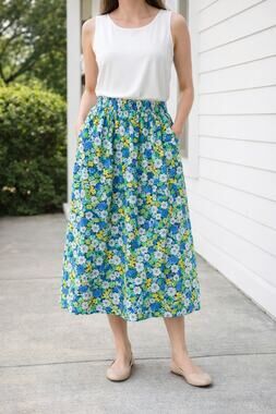 1901 Brand Floral Midi Skirt Blues Green Gold Floral Small NWT Preppy Casual